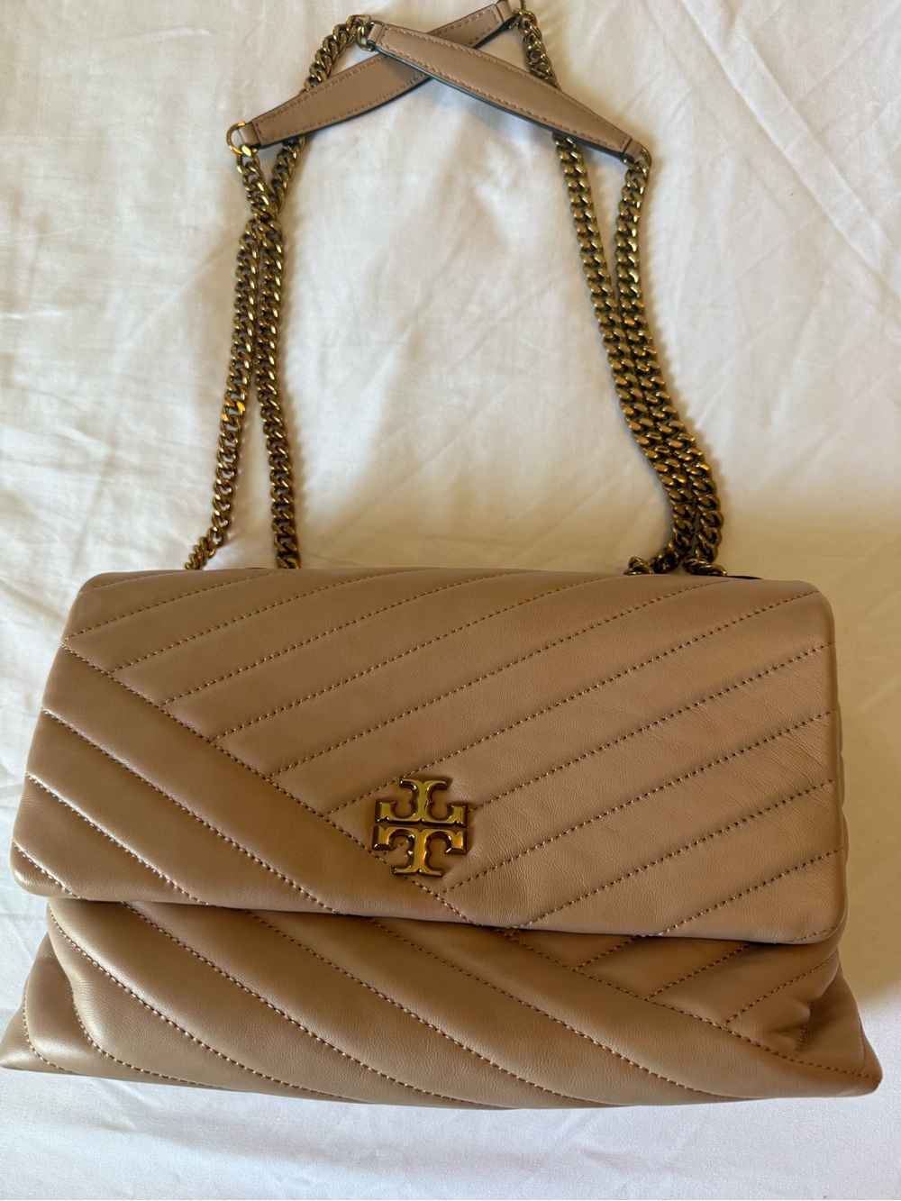 Tory Burch Quilted Leather Shoulder Bag in Taupe Beige with Gold Hardware
